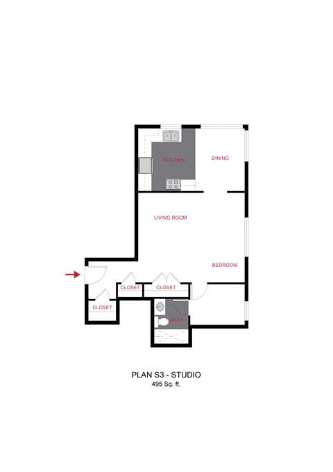 Floor plan for studio, 1 bath, 495 sqft